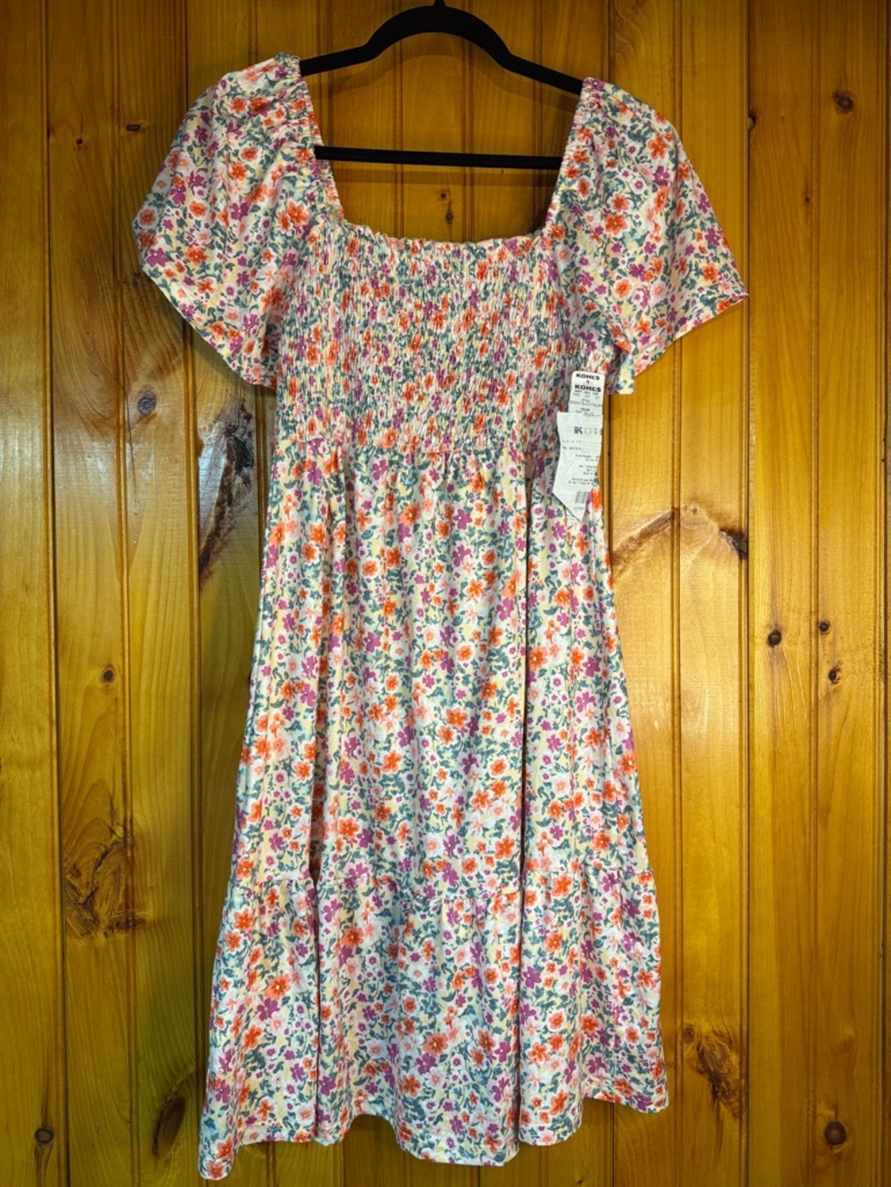 Kohl's Pink and Orange Floral Smocked Midi Dress